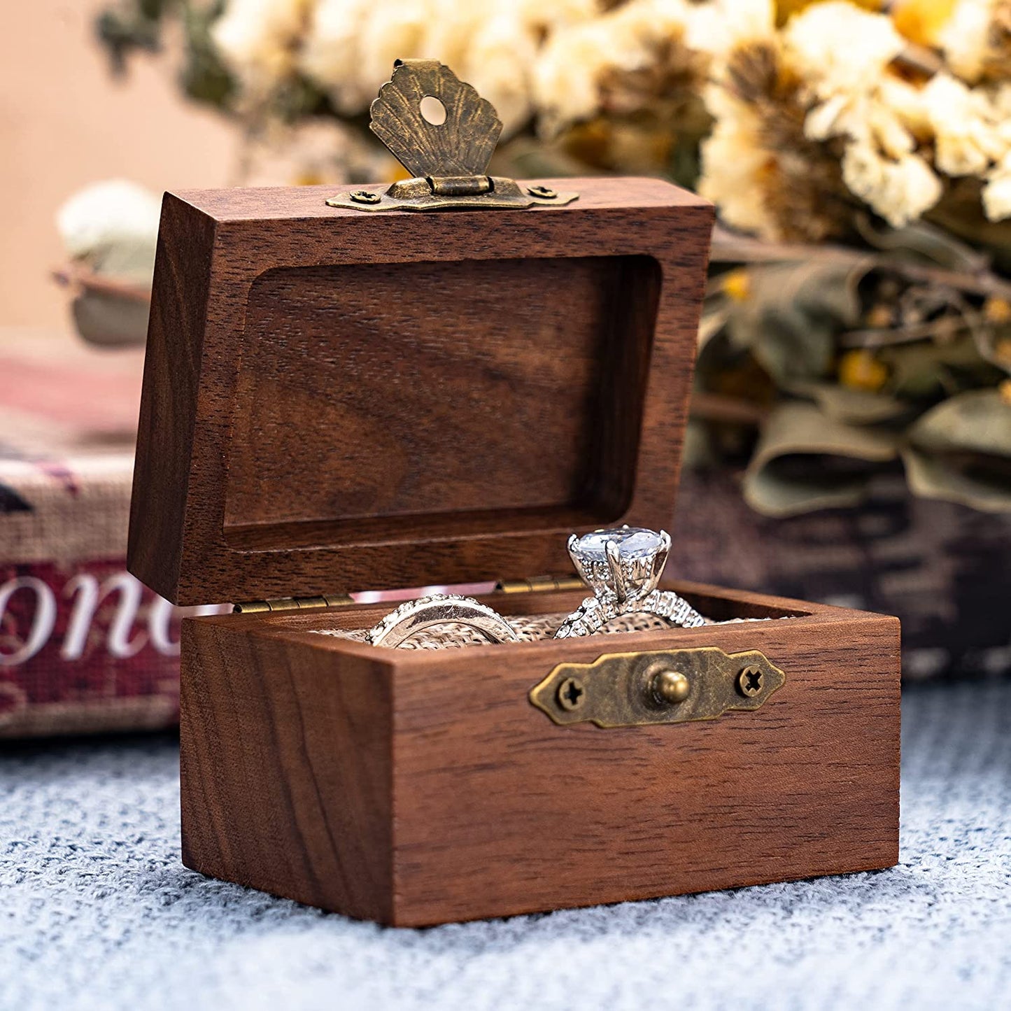 Vintage Ring Box Wooden Jewelry Personalized Name Date Commemorative Gift