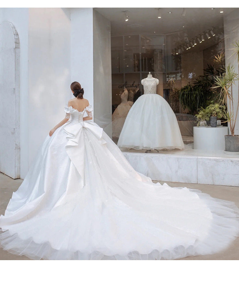 White Satin Main Wedding Dress New Temperament Trailing Sweet Princess Bride Catwalk Dress