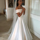 Simple A Line Wedding Dresses Satin Off The Shoulder Wedding Bridal Gowns Sweep Train Casual Dresses Zipper With Buttons Back