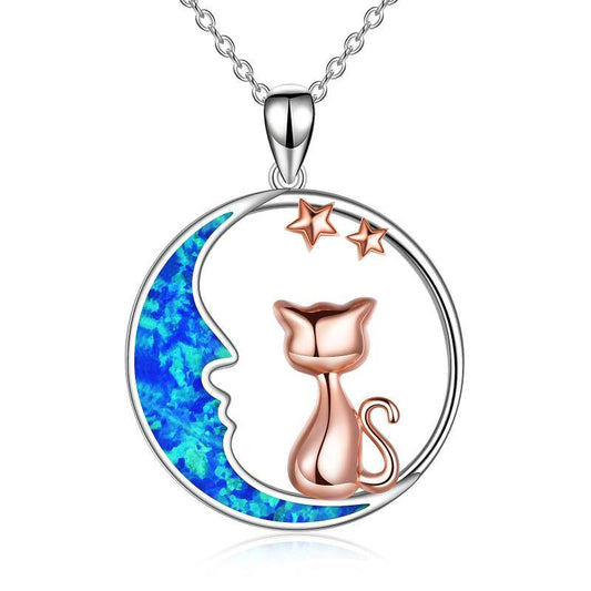 Cat on the Blue Opal Moon Necklace 925 Sterling Silver for Women Girls Daughter