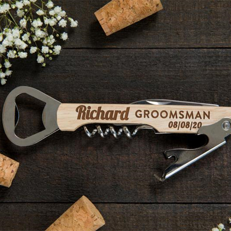 Custom Wood Bottle Opener Groomsmen Gift Idea Engraved Corkscrew Bachelor Party Gift