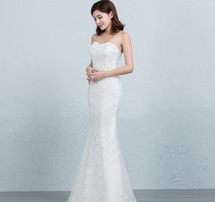 Sequined lace waist fishtail wedding dress