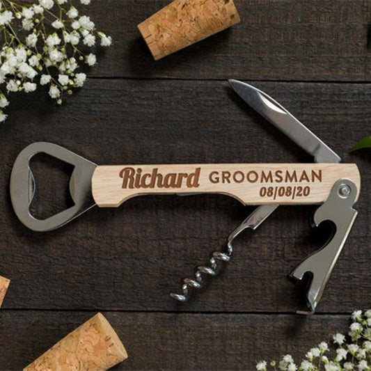 Custom Wood Bottle Opener Groomsmen Gift Idea Engraved Corkscrew Bachelor Party Gift