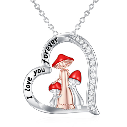 Cubic Zirconia  Mother Daughter Mushroom Necklace In Rose Gold Plated Sterling Silver