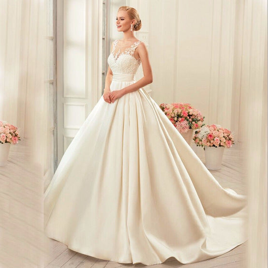 Satin Wedding Dress Spring New Slim Double Shoulder Wedding Dress Plus Size Bridal Bra Trailing Wedding Dress