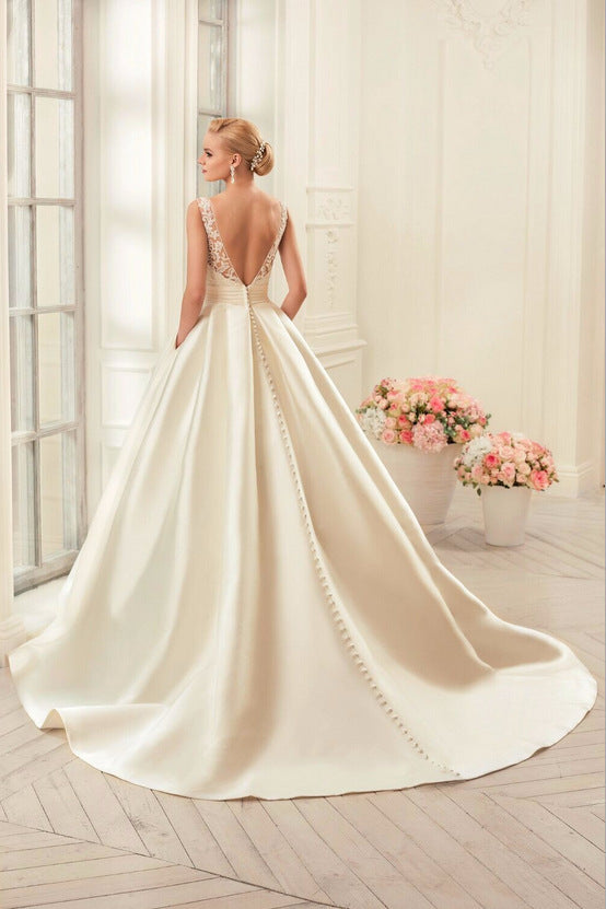 Satin Wedding Dress Spring New Slim Double Shoulder Wedding Dress Plus Size Bridal Bra Trailing Wedding Dress