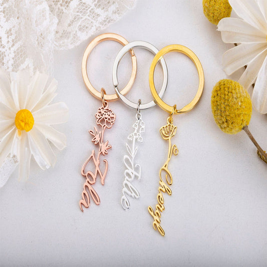 Creative DIY Personalized Stainless Steel Birthday Flower Keychain