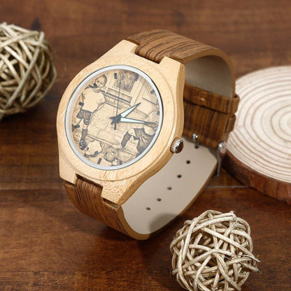 Women's Engraved Bamboo Photo Watch Wooden Leather Strap 40mm