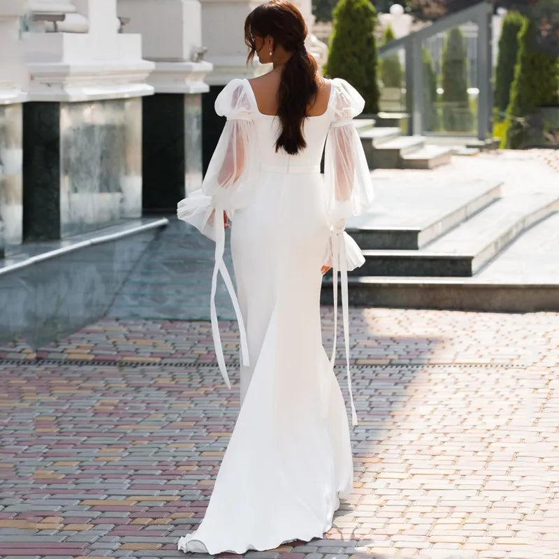 Elegant Satin Mermaid Wedding Dress With Long Puff Sleeves