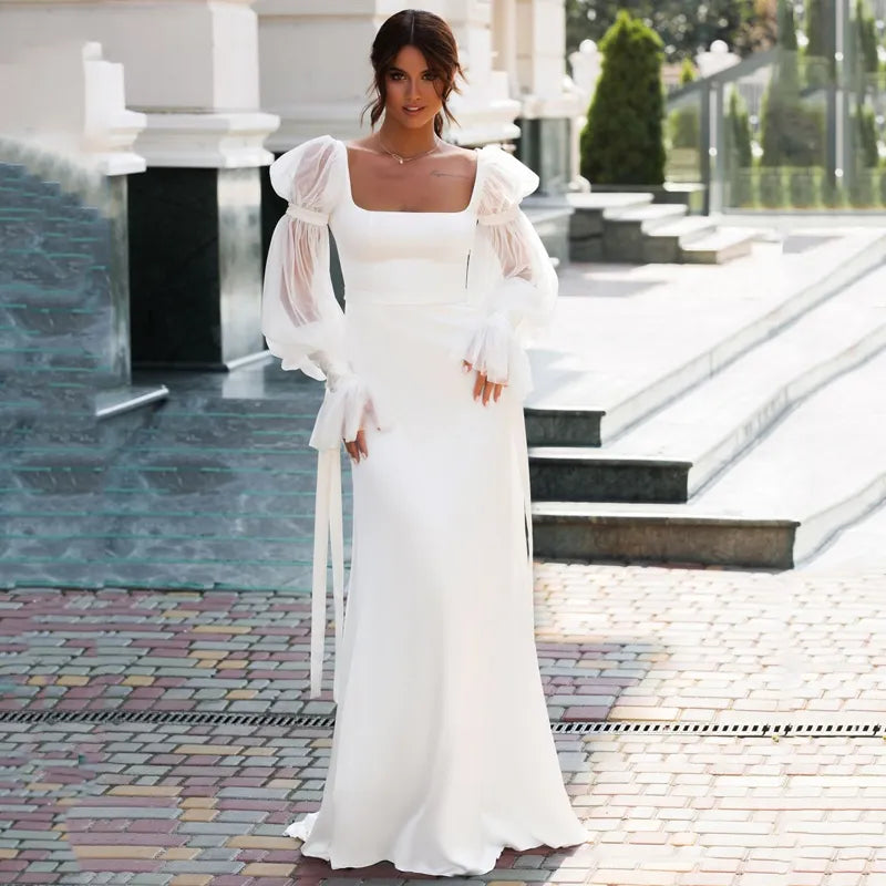 Elegant Satin Mermaid Wedding Dress With Long Puff Sleeves