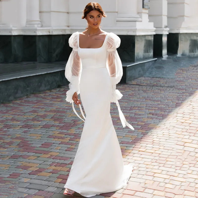 Elegant Satin Mermaid Wedding Dress With Long Puff Sleeves